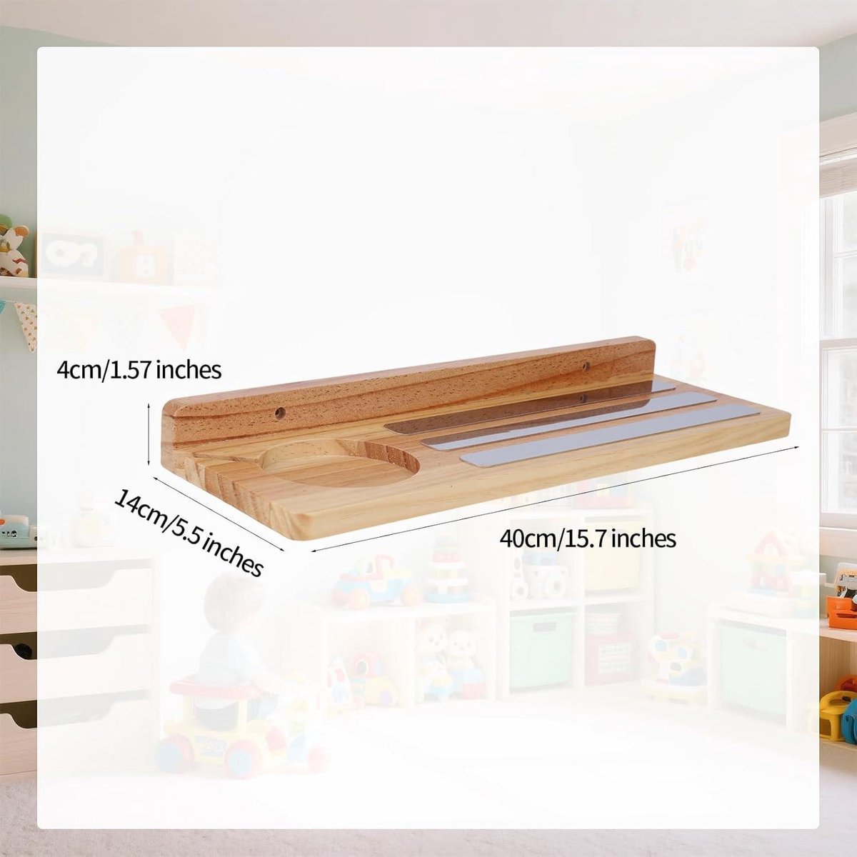 Wooden magnetic shelf for toy figures - wall mount with floating display - 1-tier organizer for children's room with charging station - storage accessories. - Image 4