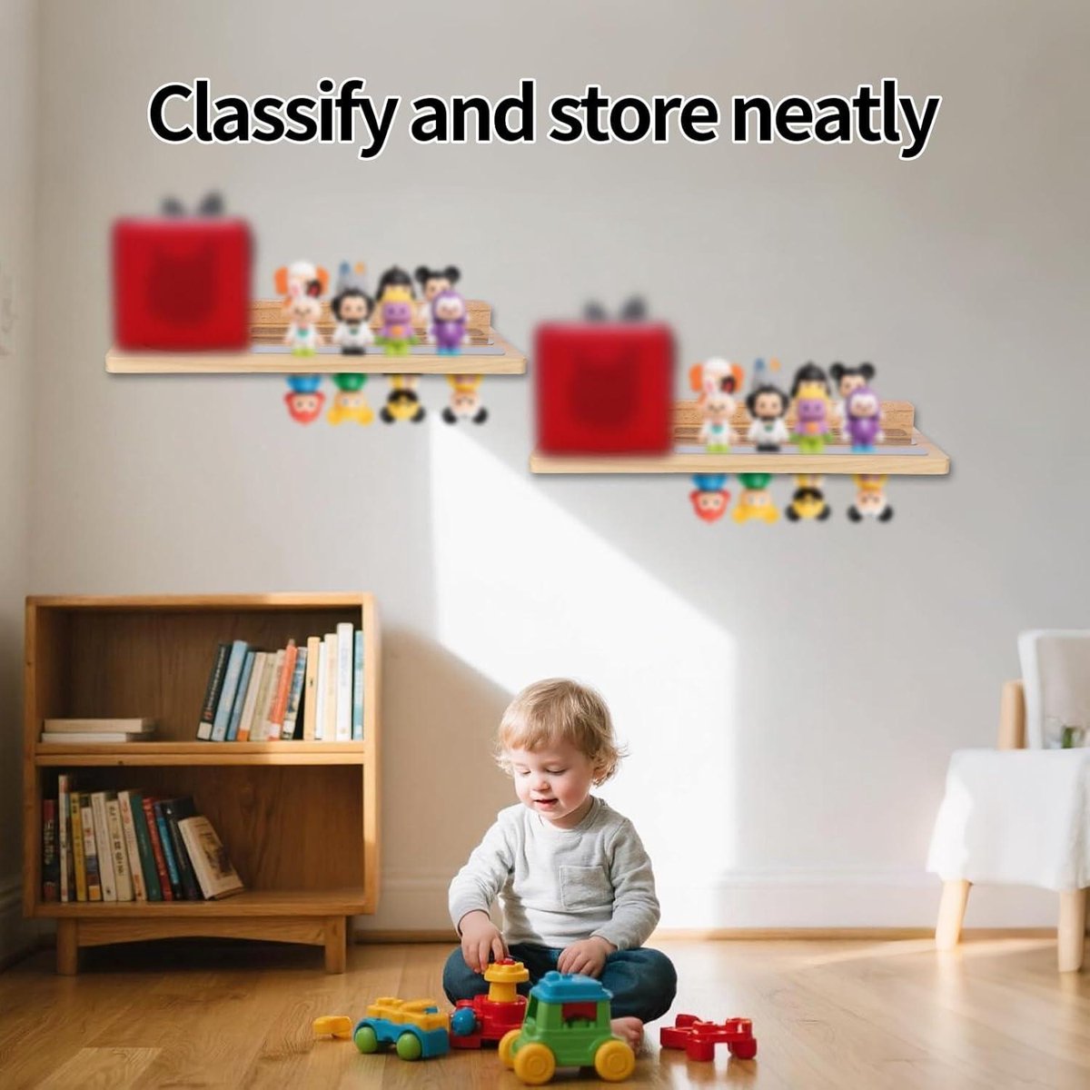 Wooden magnetic shelf for toy figures - wall mount with floating display - 1-tier organizer for children's room with charging station - storage accessories. - Image 5