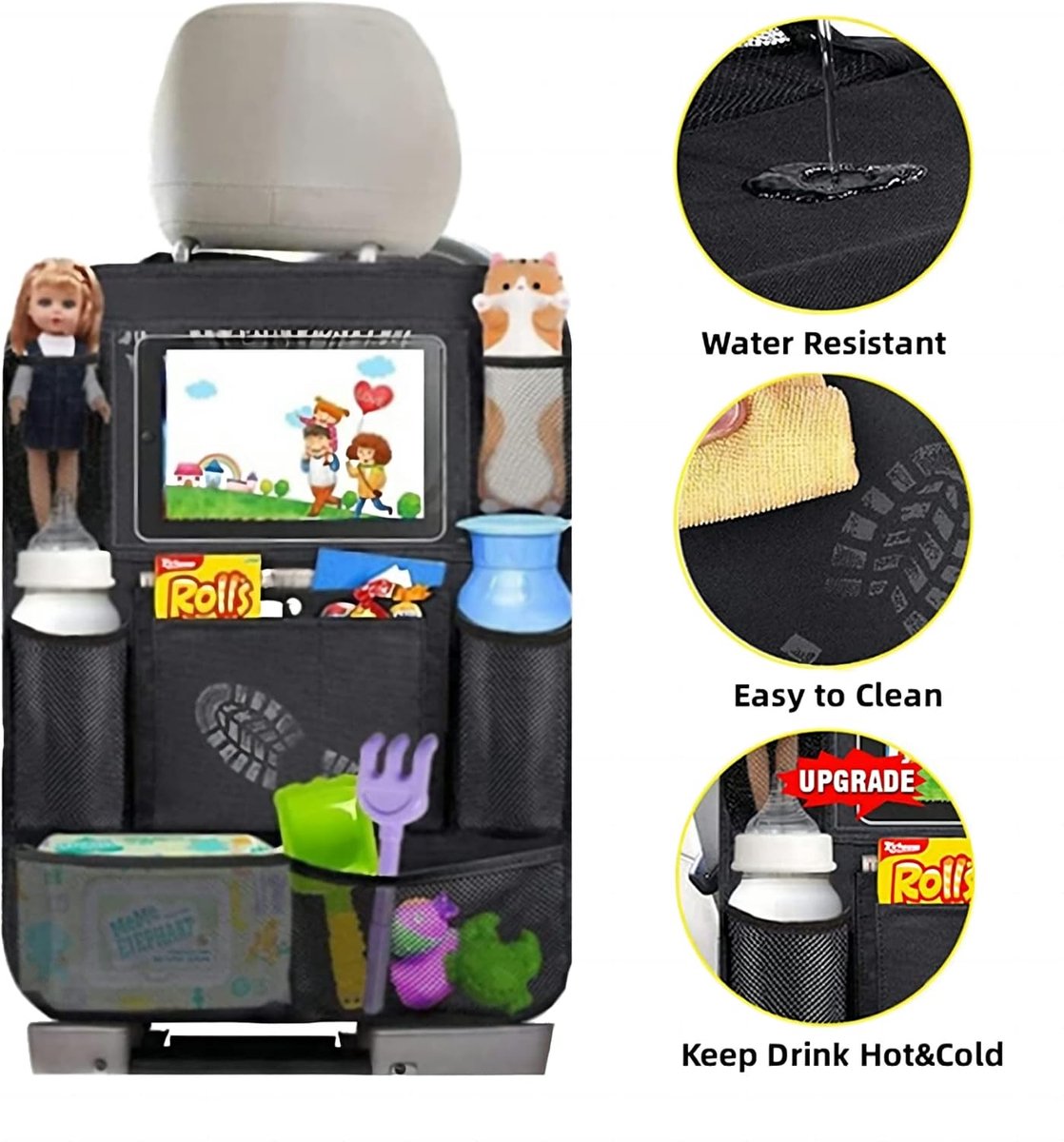 Famanu - Children's Car Organizer, 2 PCS Car Storage Accessories with 24.4 cm iPad Pocket, 10 Pockets for the Car Seat Backrest, Black - Image 4