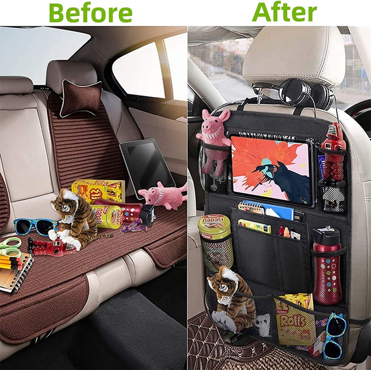 Famanu - Children's Car Organizer, 2 PCS Car Storage Accessories with 24.4 cm iPad Pocket, 10 Pockets for the Car Seat Backrest, Black - Image 5