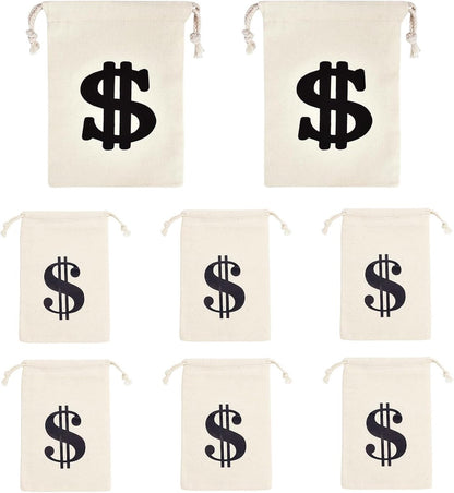 Pack of 8 Fabric Bags - Small Dollar Sign - Drawstring - Coin Pocket - Storage Accessories