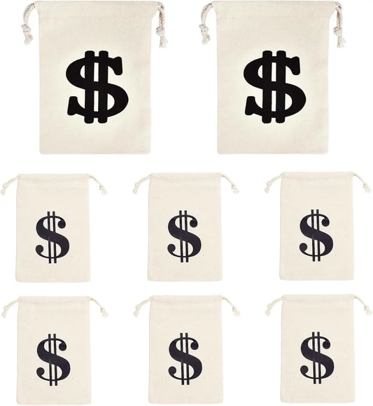 Pack of 8 Fabric Bags - Small Dollar Sign - Drawstring - Coin Pocket - Storage Accessories