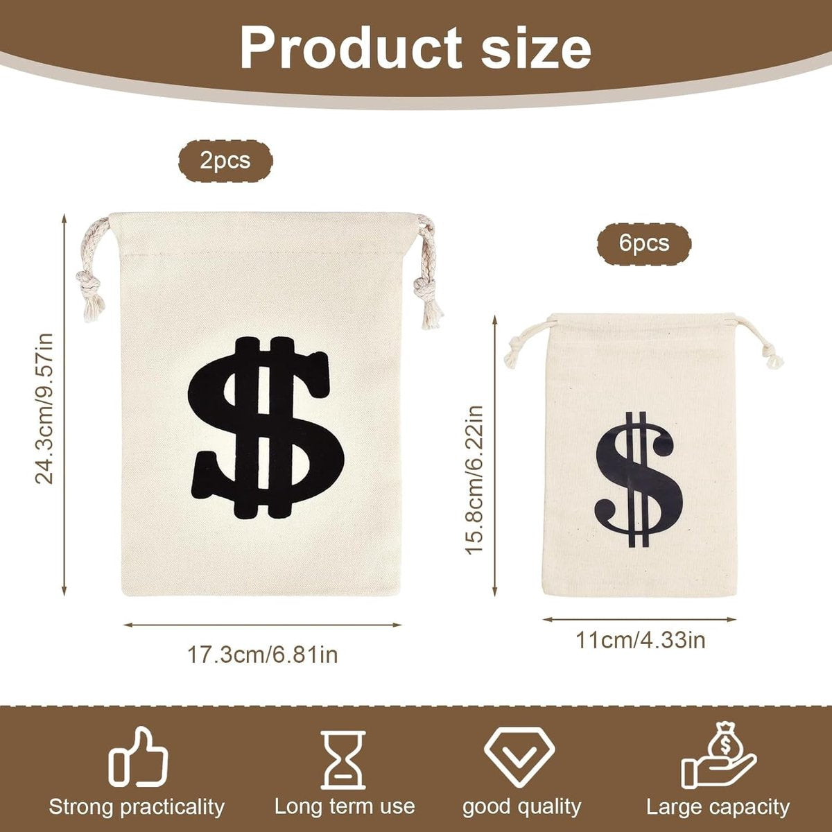 Pack of 8 Fabric Bags - Small Dollar Sign - Drawstring - Coin Pocket - Storage Accessories - Image 2