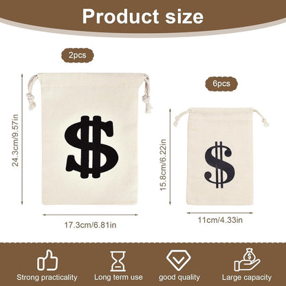 Pack of 8 Fabric Bags - Small Dollar Sign - Drawstring - Coin Pocket - Storage Accessories - Image 2