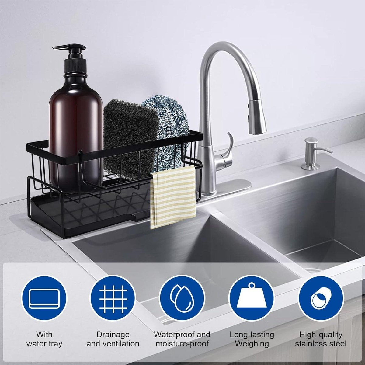 Allecta - Sponge holder and organizer for sink - Draining rack and soap dish with brush holder - Kitchen storage accessories - Grey. - Image 2