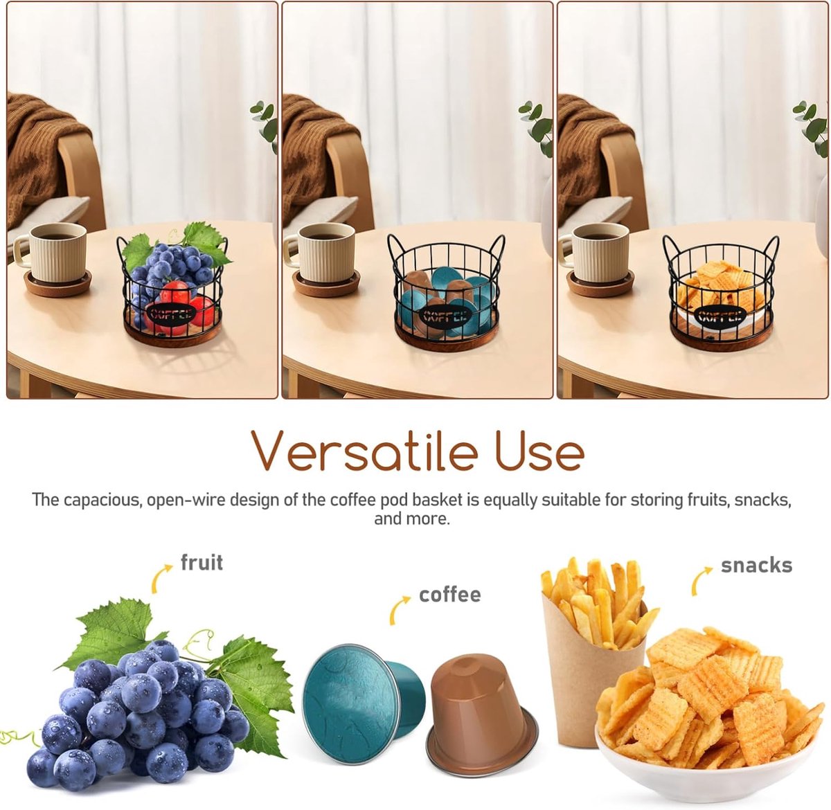 Storage basket - Storage rack - Coffee capsule storage rack - Fruit basket - Home storage accessories - Wooden base - Suitable for home, coffee bars, and offices - Black - 13*13*12 cm - Image 2