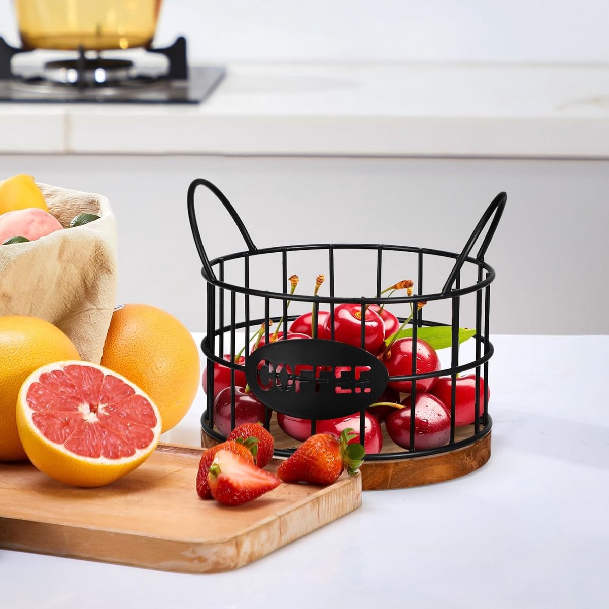 Storage basket - Storage rack - Coffee capsule storage rack - Fruit basket - Home storage accessories - Wooden base - Suitable for home, coffee bars, and offices - Black - 13*13*12 cm - Image 3