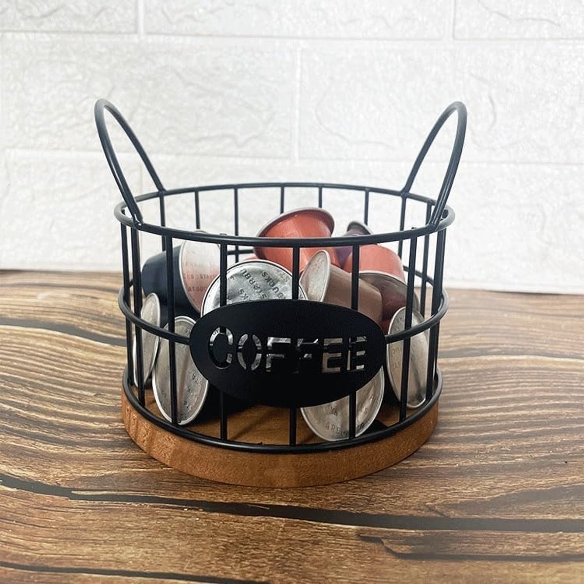 Storage basket - Storage rack - Coffee capsule storage rack - Fruit basket - Home storage accessories - Wooden base - Suitable for home, coffee bars, and offices - Black - 13*13*12 cm - Image 5