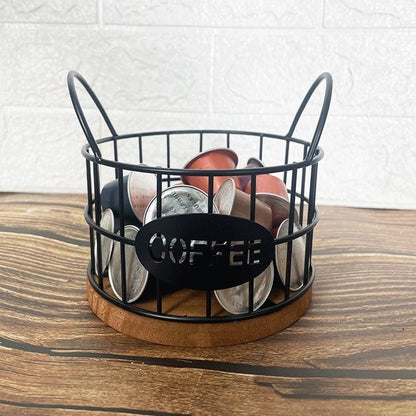 Storage basket - Storage rack - Coffee capsule storage rack - Fruit basket - Home storage accessories - Wooden base - Suitable for home, coffee bars, and offices - Black - 13*13*12 cm - Image 5