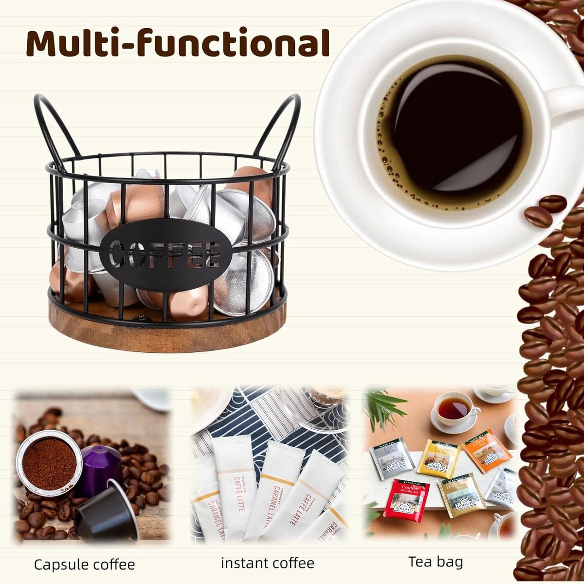 Storage basket - Storage rack - Coffee capsule storage rack - Fruit basket - Home storage accessories - Wooden base - Suitable for home, coffee bars, and offices - Black - 13*13*12 cm - Image 7