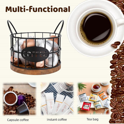 Storage basket - Storage rack - Coffee capsule storage rack - Fruit basket - Home storage accessories - Wooden base - Suitable for home, coffee bars, and offices - Black - 13*13*12 cm - Image 7