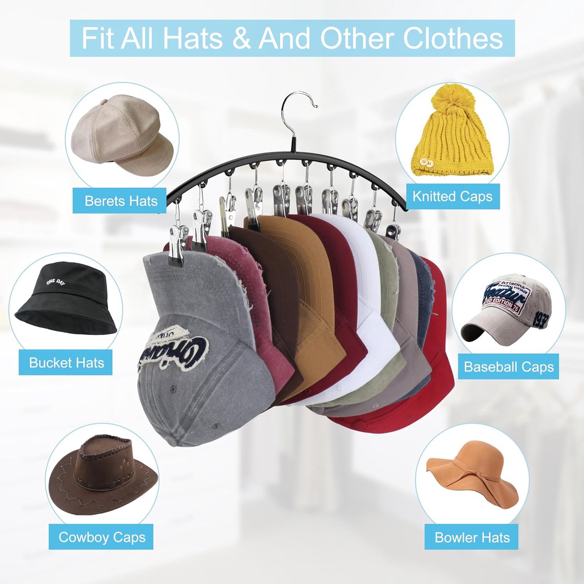 2 pieces - Hat rack - clothes rack - sock clip - hat rack for the wardrobe - storage accessories - suitable for drying clothes, socks and hats - black - 37*23 cm - Image 3