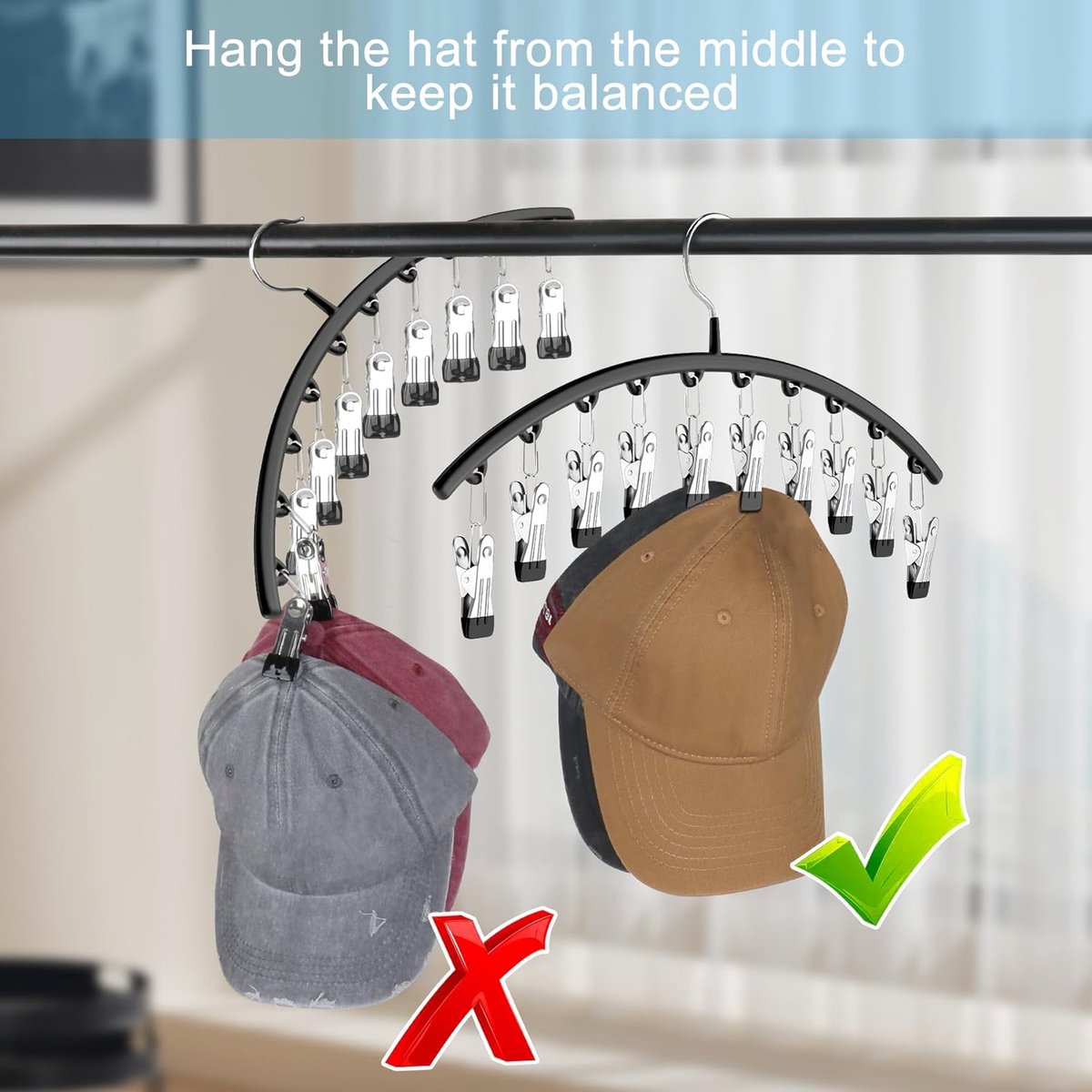 2 pieces - Hat rack - clothes rack - sock clip - hat rack for the wardrobe - storage accessories - suitable for drying clothes, socks and hats - black - 37*23 cm - Image 8