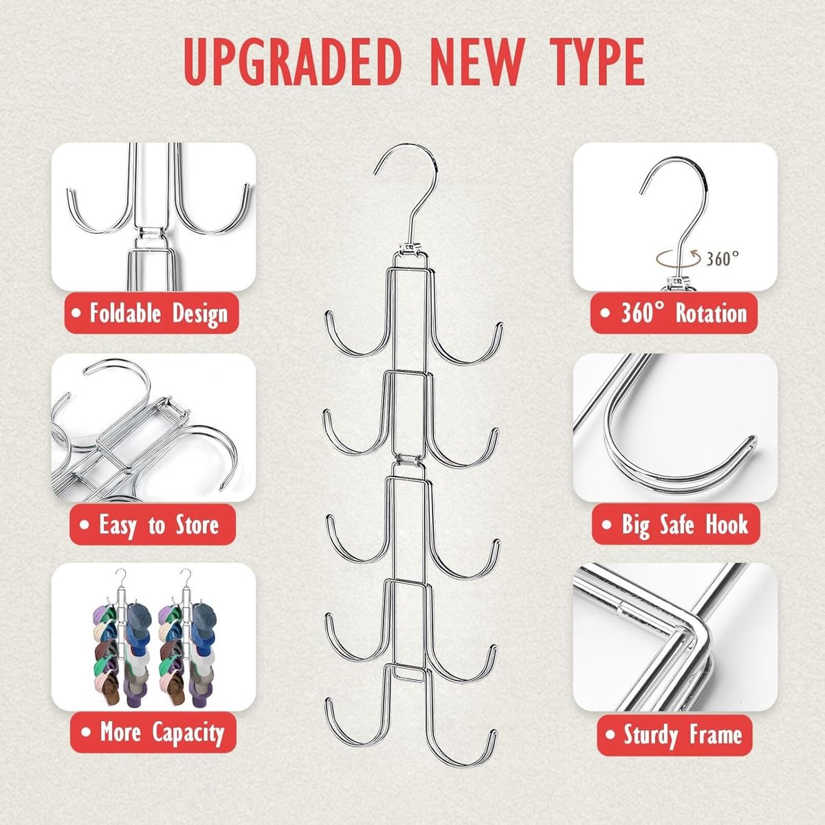 Storage Rack - Clothing and Hat Organizer - Bag Hanger - Foldable Hooks - Storage Accessories - Suitable for storing hats, bags, scarves, and belts - Silver - 14.5 x 1 x 48 cm - 24.5 cm folded - Image 3