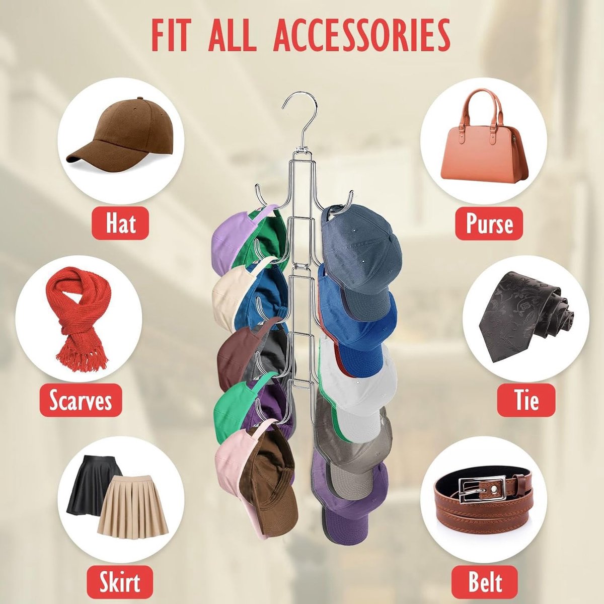 Storage Rack - Clothing and Hat Organizer - Bag Hanger - Foldable Hooks - Storage Accessories - Suitable for storing hats, bags, scarves, and belts - Silver - 14.5 x 1 x 48 cm - 24.5 cm folded - Image 5