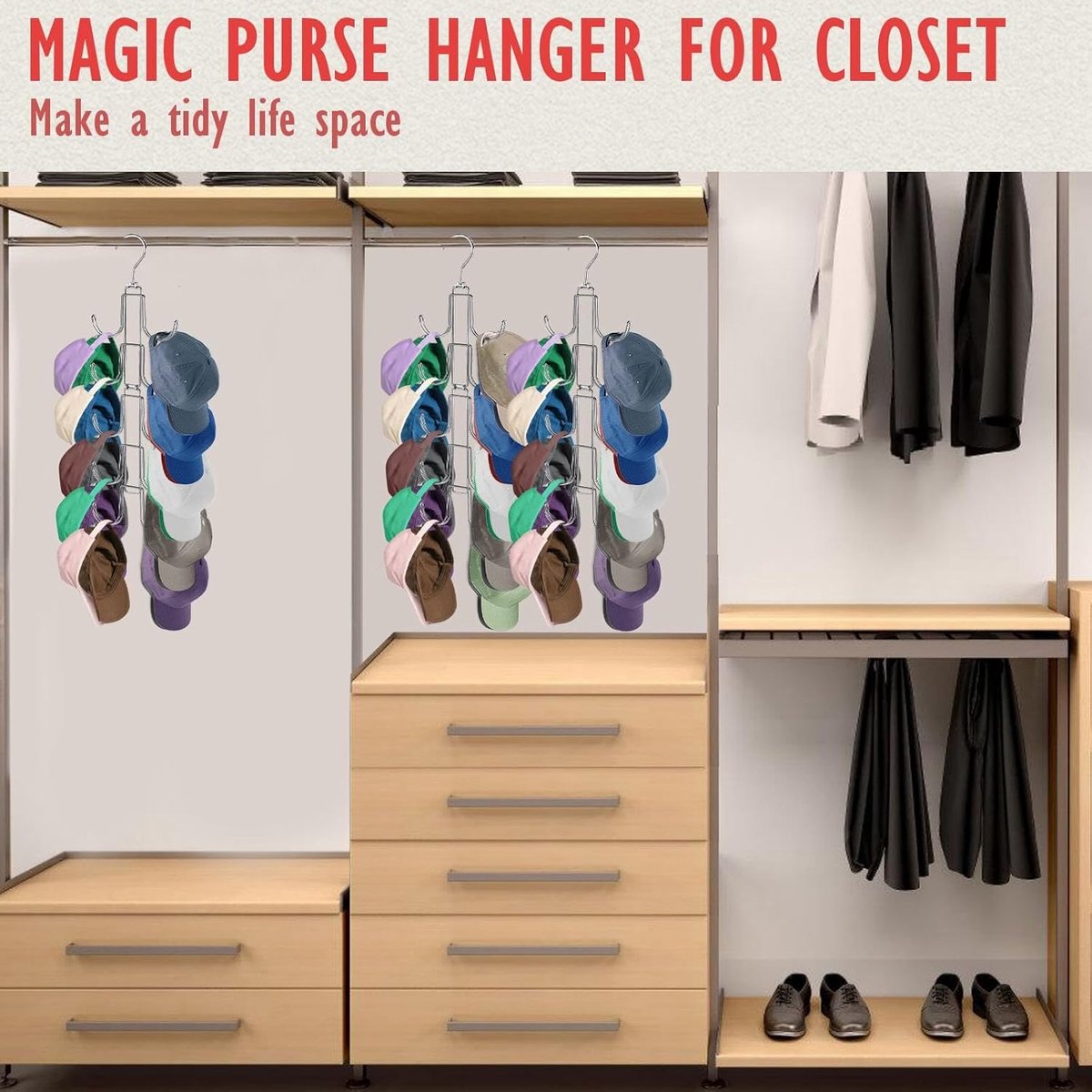 Storage Rack - Clothing and Hat Organizer - Bag Hanger - Foldable Hooks - Storage Accessories - Suitable for storing hats, bags, scarves, and belts - Silver - 14.5 x 1 x 48 cm - 24.5 cm folded - Image 6