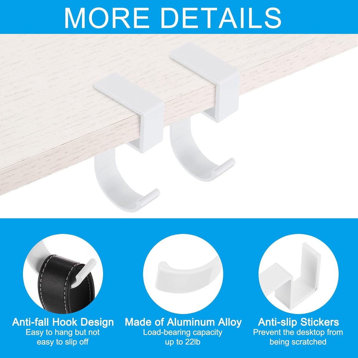 4 pieces - Hooks - Desk hooks - Backpack hooks - Storage accessories - No drilling required - Suitable for desks, bedrooms, study rooms, and living rooms - White - 4.8*2*10 cm - Image 3