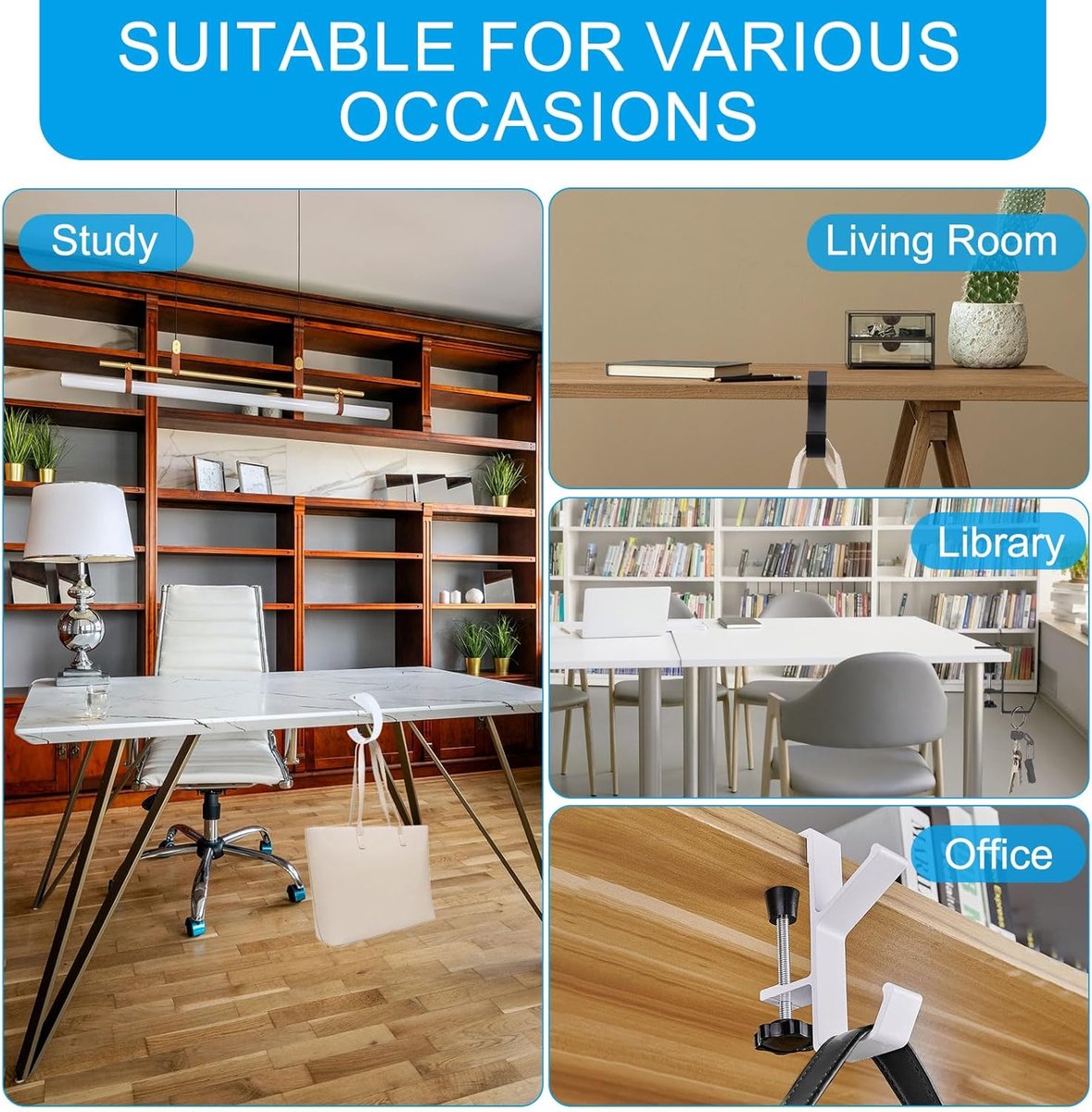 4 pieces - Hooks - Desk hooks - Backpack hooks - Storage accessories - No drilling required - Suitable for desks, bedrooms, study rooms, and living rooms - White - 4.8*2*10 cm - Image 6