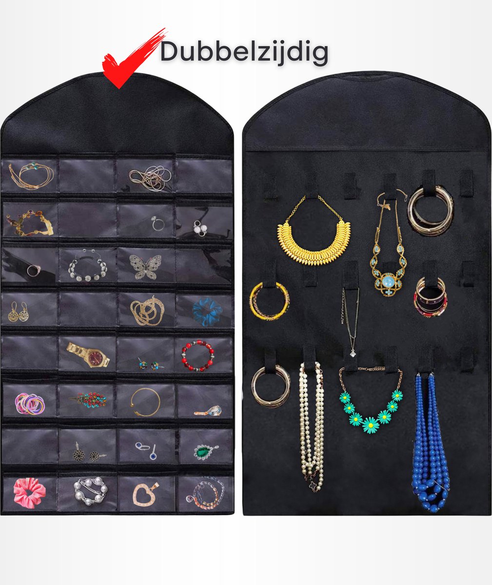 Aerend - Jewelry organizer - Double-sided hanging and transparent jewelry stand - Storage accessories - Over-the-door storage bag in black - For necklaces, earrings, sunglasses, rings, makeup - Image 2