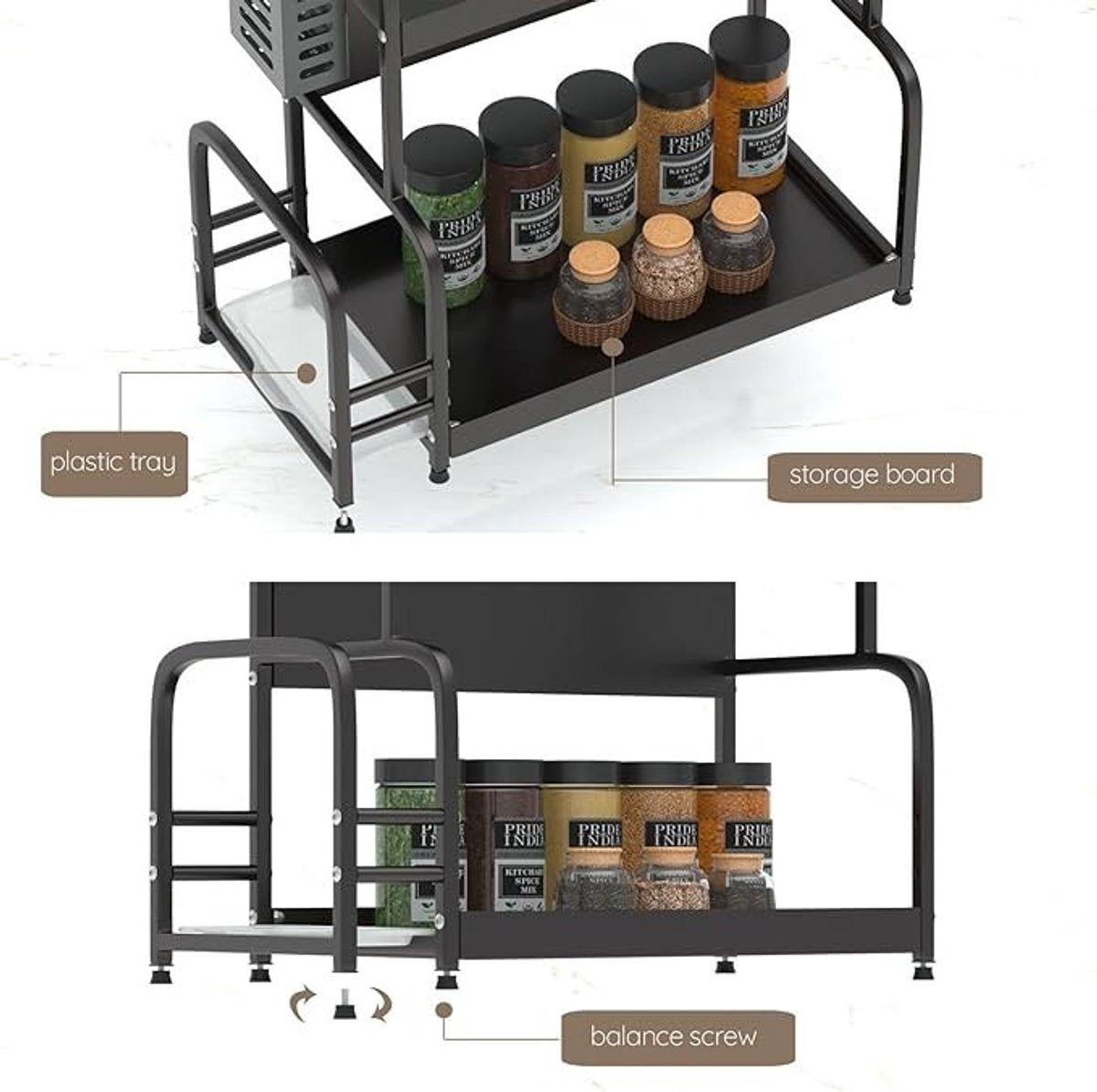 Extendable spice rack with storage accessories - 2 tiers - Image 6