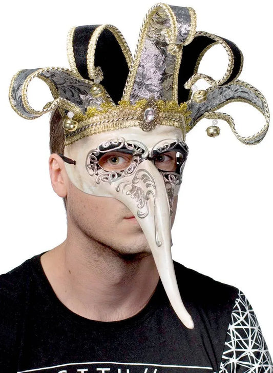 Venetian Long Nose Jester Antique Cream Masquerade Mask