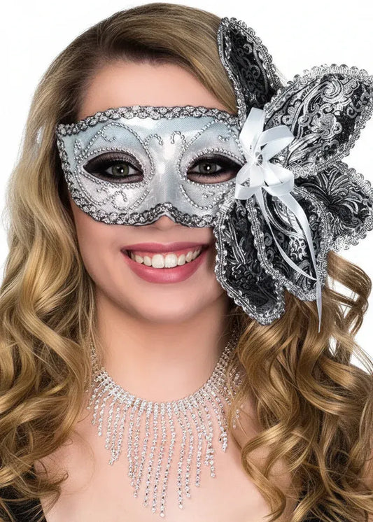 Brocade Side Flower Deluxe Silver Masquerade Mask