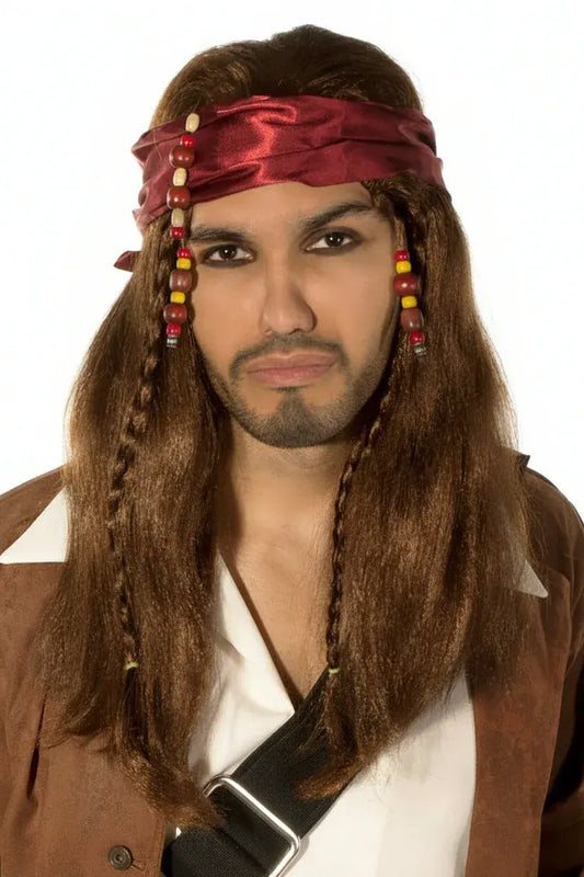 Caribbean Pirate Mens Long Brown Wig and Head Scarf