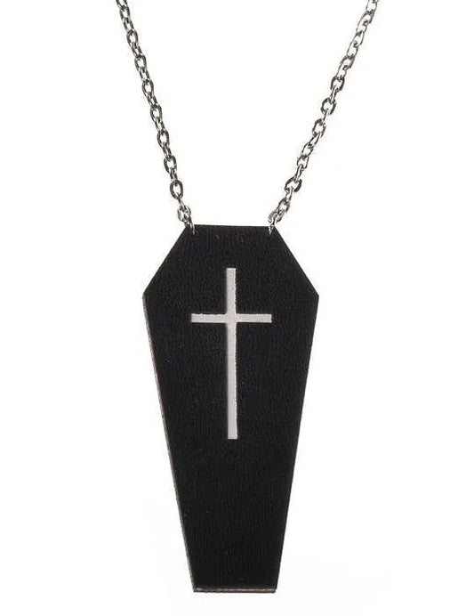 Black Leather Coffin with White Cross Halloween Necklace