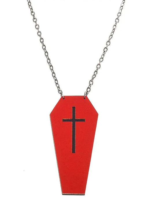 Red Leather Coffin with Black Cross Halloween Necklace