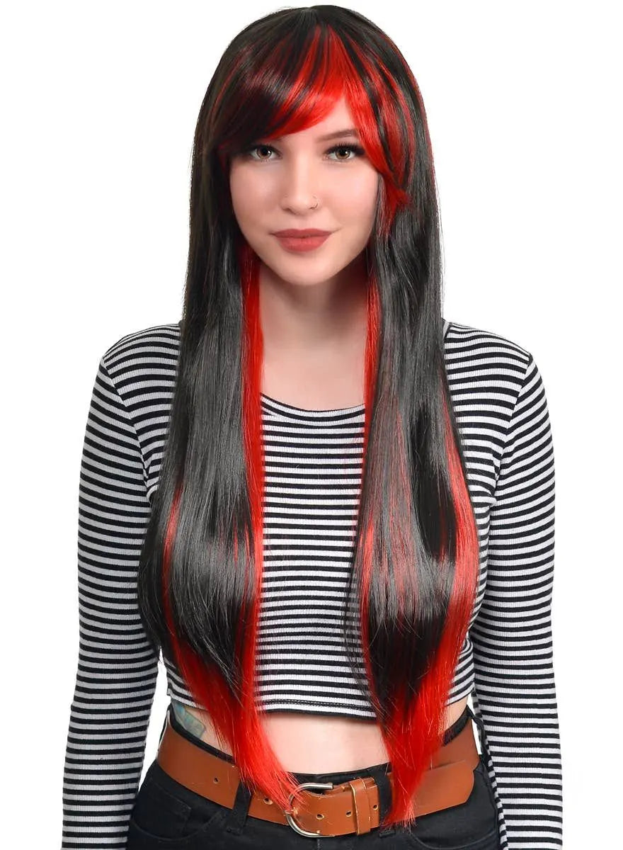 Ruby Extra Long Straight Black and Red Womens Costume Wig