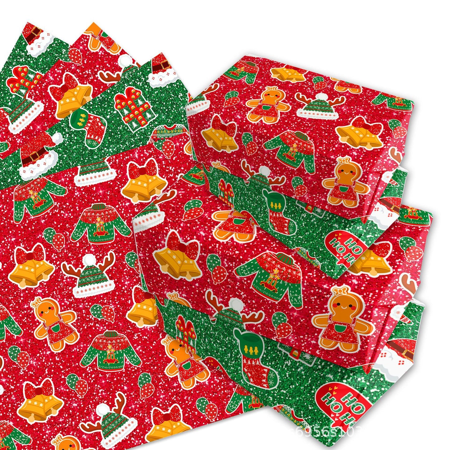 Gift Wrapping Paper Style WZ025 - Red & Green Reindeer & Gingerbread Man Design (12-Sheet Set) - Image 2