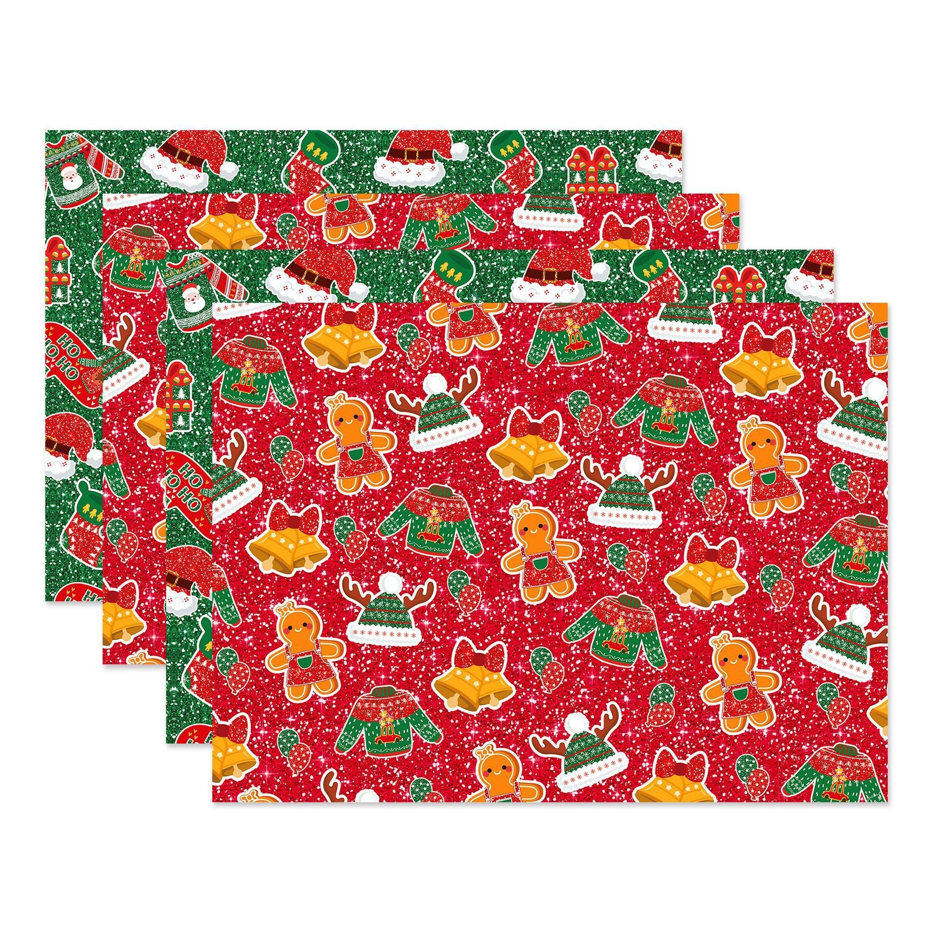 Gift Wrapping Paper Style WZ025 - Red & Green Reindeer & Gingerbread Man Design (12-Sheet Set) - Image 4