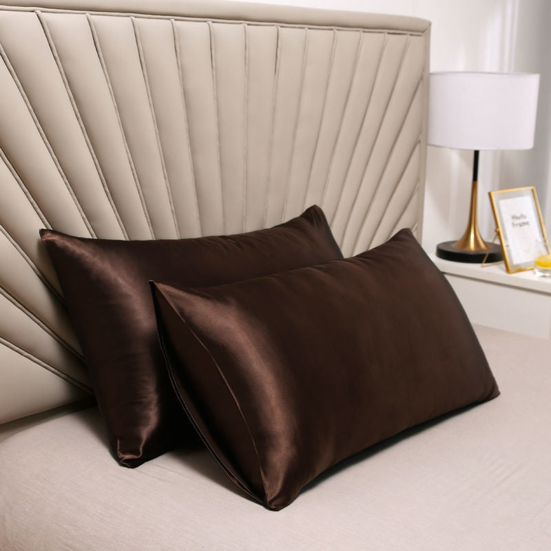A pair of solid-color silk-like pillowcase pillowcase and envelope pillow (coffee color) - Image 2