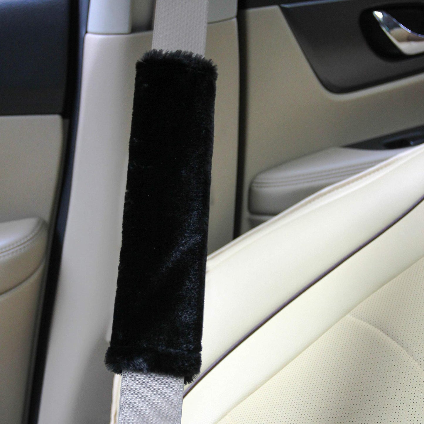 2 pcs soft artificial fur universal fit seat belt covers, car and aircraft seat belt shoulder pads, camera backpack shoulder pads (black) - Image 4