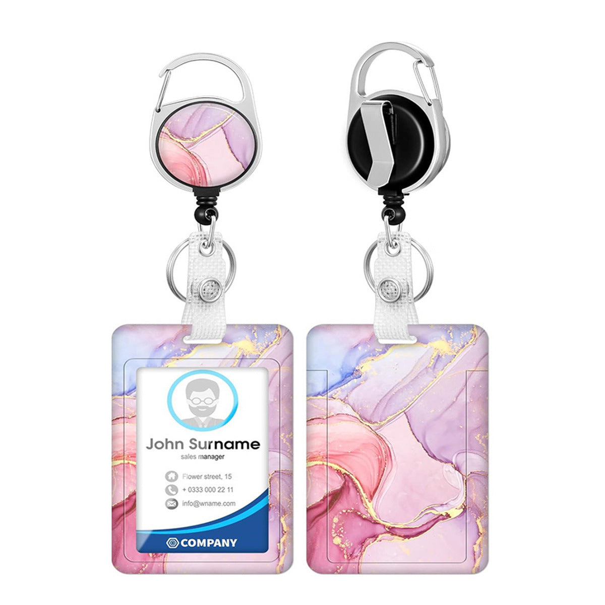 1pc card holder, pink marble-patterned tag, badge scroll, retractable easy-pull buckle, detachable lanyard - Image 2