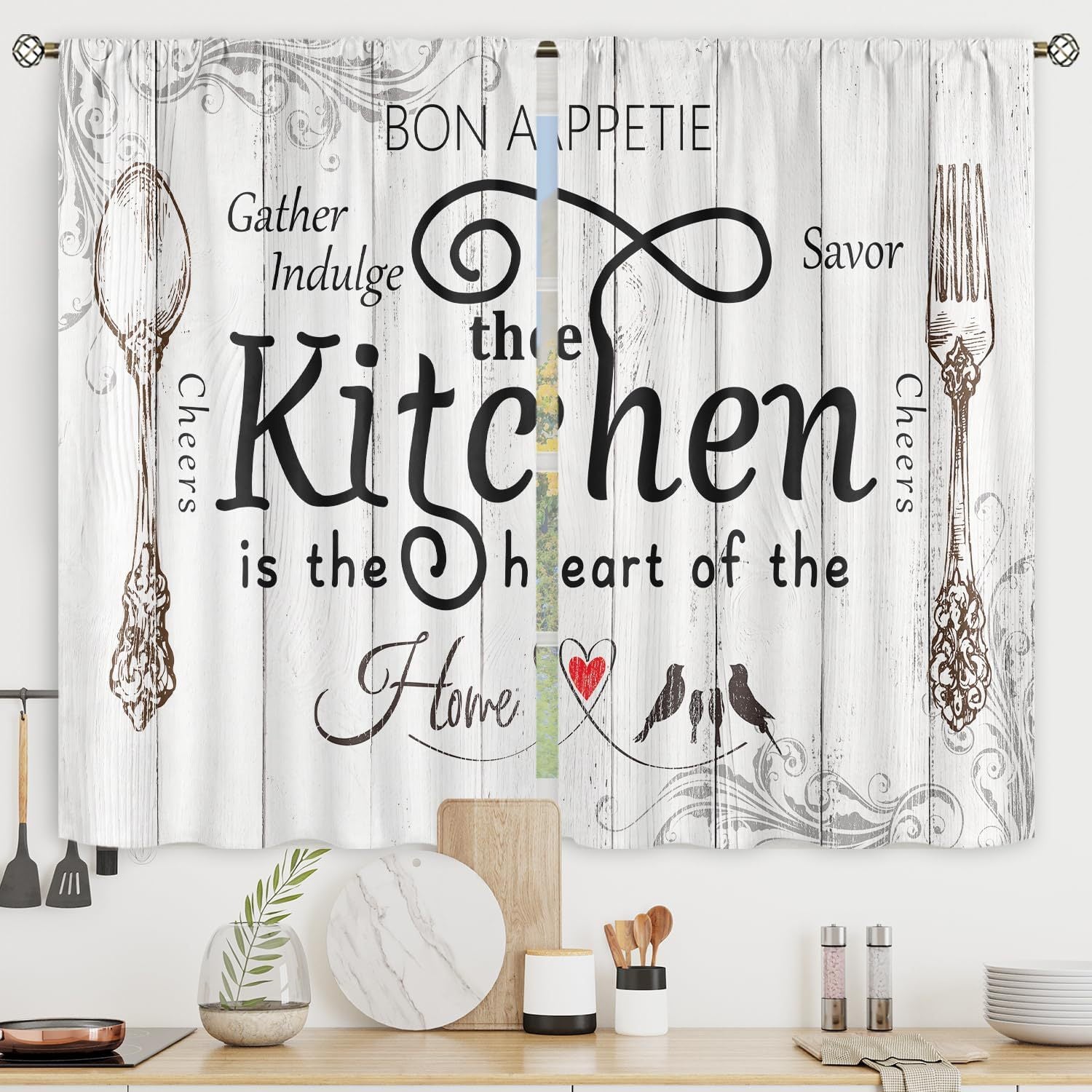 Kitchen Curtain 3-Piece Set - Gather & Savor Themed Window Drapes - Image 3