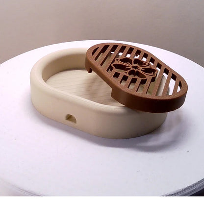 3D-printed oval soap dish with drain rack, white and wood-look. - Image 2
