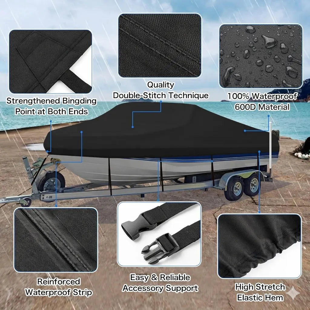 Trailerable Boat Cover – 600DHeavy Duty Waterproof Tarp with Storage Bag, Designed for V-Hull, Fish & Ski, Runabout, Bass & Fishing Boats,11-13FTSilver - Image 3