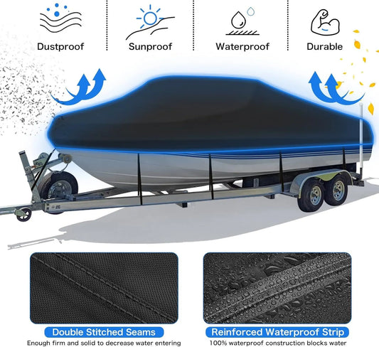 Trailerable Boat Cover – 600DHeavy Duty Waterproof Tarp with Storage Bag, Designed for V-Hull, Fish & Ski, Runabout, Bass & Fishing Boats,14-16FTBlack - Image 4