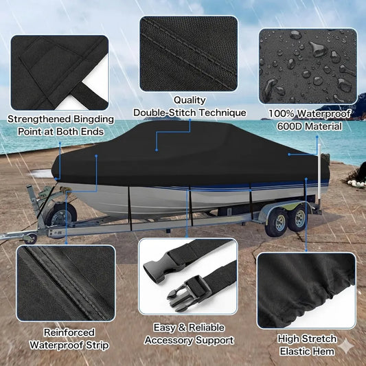 Trailerable Boat Cover – 600DHeavy Duty Waterproof Tarp with Storage Bag, Designed for V-Hull, Fish & Ski, Runabout, Bass & Fishing Boats,16-18FTSilver - Image 3