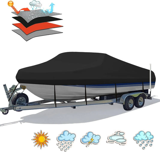 Trailerable Boat Cover – 600DHeavy Duty Waterproof Tarp with Storage Bag, Designed for V-Hull, Fish & Ski, Runabout, Bass & Fishing Boats,20-22FTSilver