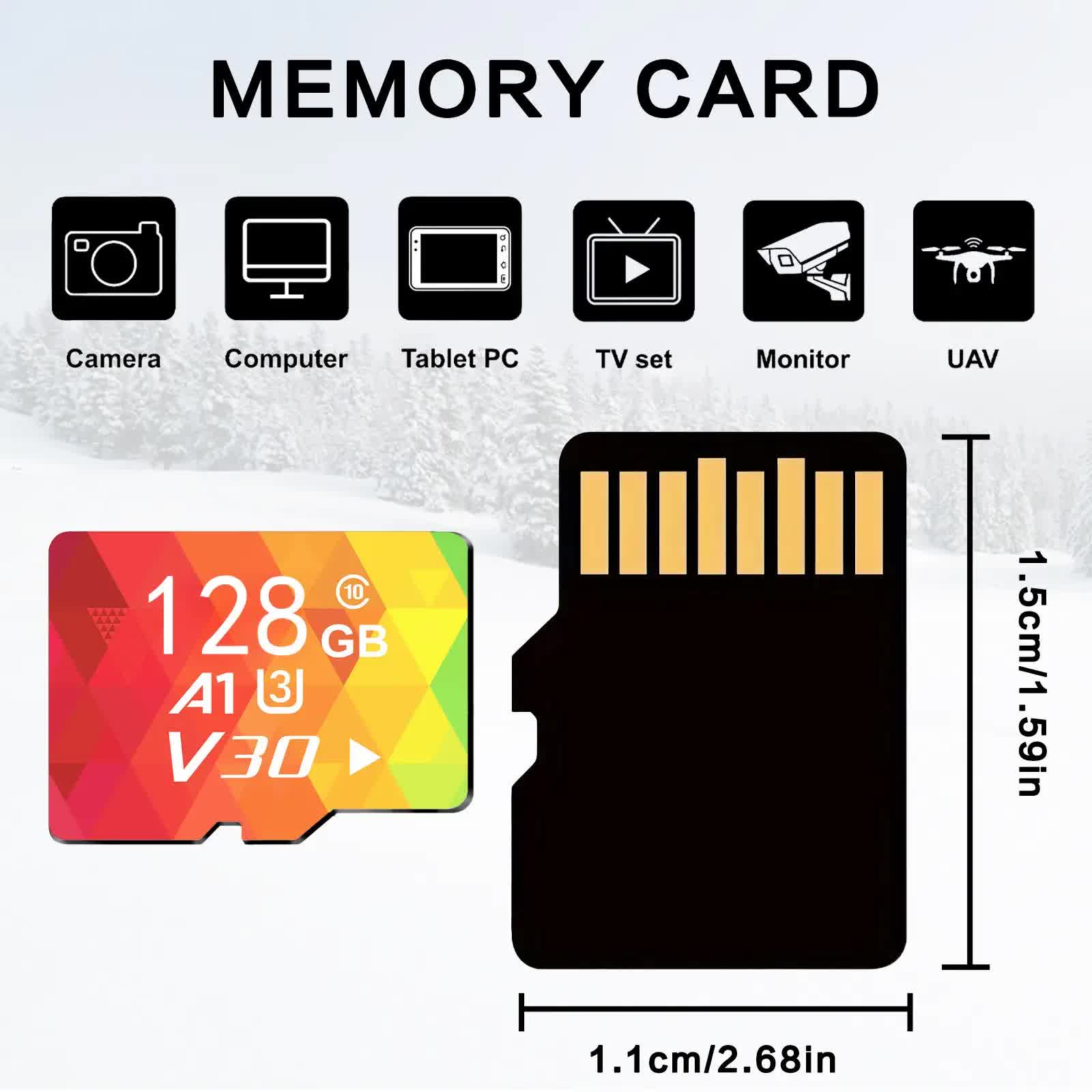 1PCS 128G Memory Cards, U3 A1 Class 10, Up To 100MB/s, Micro SD TF For Security Monitor/Full HD Video Recording/Tablet/Phone/ Surveillance Camera/Dash Camera/Car Speaker/Game Console - Image 2