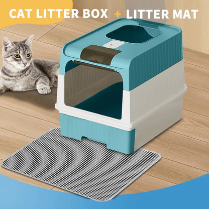Huge Cat Litter Box Bundle with Free Litter Mat & Scoop,Drawer Type Enclosed Potty, Anti-Splashing Cat Toilet Cleaning Kit for Big Cats