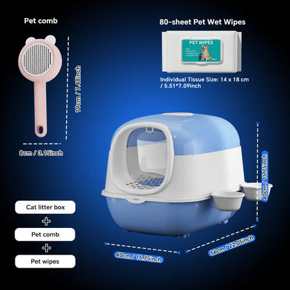 Huge 56cm Cat Litter Box Bundle with Free Pet Comb & 80 Wipes, Hooded Enclosed Potty with Drawer, Anti-Splashing Cat Toilet Cleaning Kit for Big Cats - Image 2