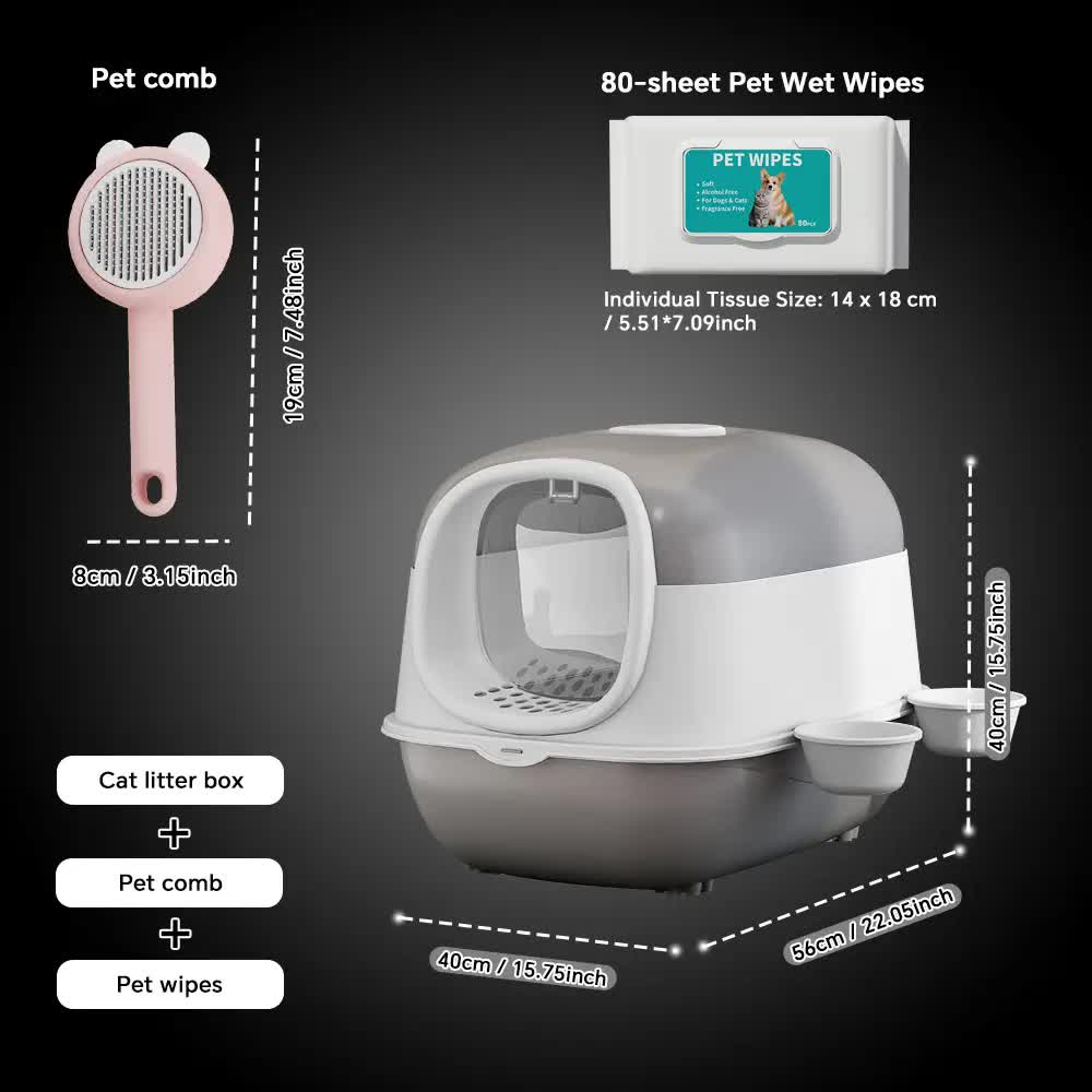 Huge 56cm Cat Litter Box Bundle with Free Pet Comb & 80 Wipes, Hooded Enclosed Potty with Drawer, Anti-Splashing Cat Toilet Cleaning Kit for Big Cats - Image 2