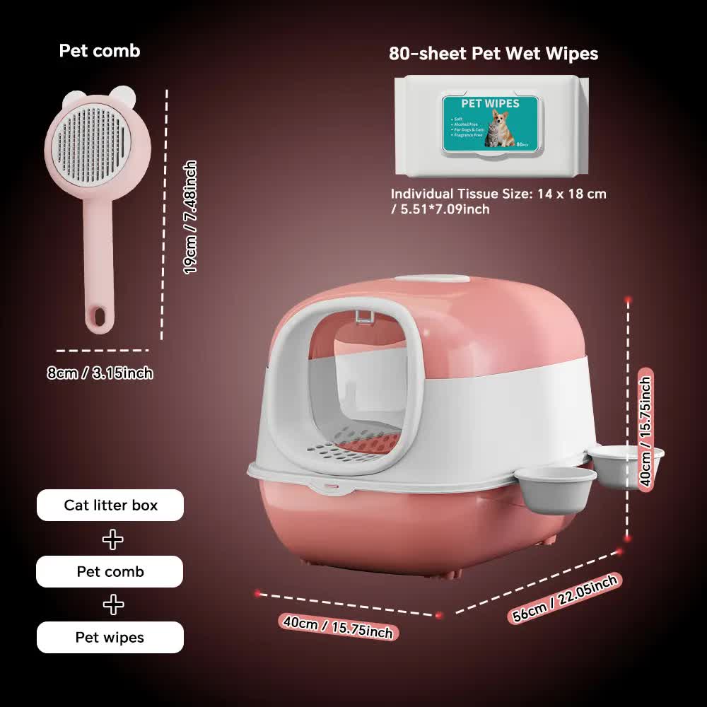 Huge 56cm Cat Litter Box Bundle with Free Pet Comb & 80 Wipes, Hooded Enclosed Potty with Drawer, Anti-Splashing Cat Toilet Cleaning Kit for Big Cats - Image 2