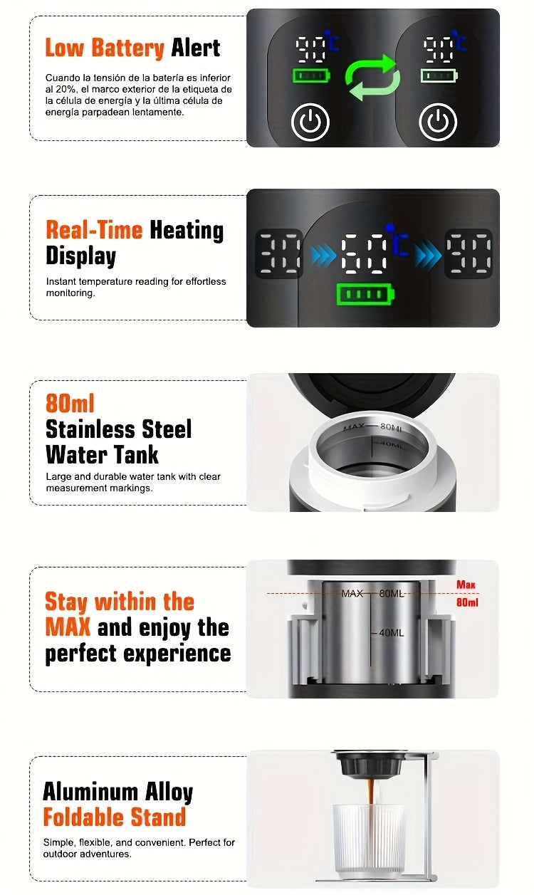 Portable 20Bar High - Pressure Extraction Coffee Machine, 80ml Stainless Steel Water Tank + Foldable Stand, Low - Battery Alert & Real - Time Temperature Control, Enjoy Barista - Quality Coffee on the Go, at Office or While Driving,Grey - Image 9