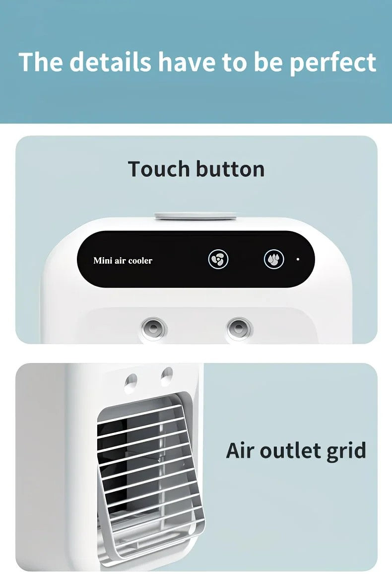 USB rechargeable mini air conditioning fan, supports USB/wireless charging. Features 3-speed wind, cooling, and humidification levels. Powered by a lithium battery, lightweight and compact, ideal for desktop cooling in both office and home settings. - Image 2
