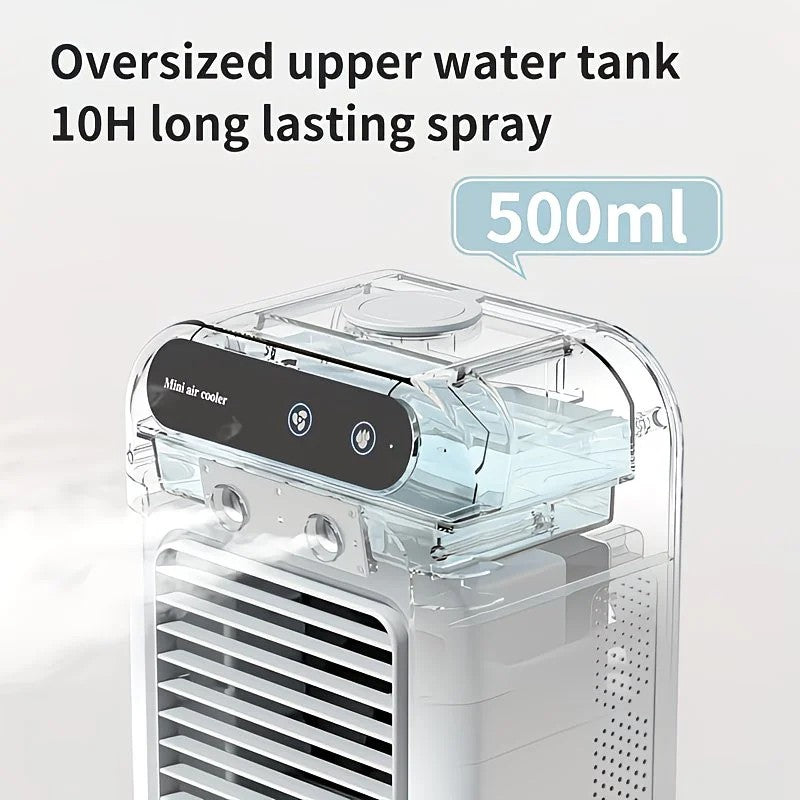 USB rechargeable mini air conditioning fan, supports USB/wireless charging. Features 3-speed wind, cooling, and humidification levels. Powered by a lithium battery, lightweight and compact, ideal for desktop cooling in both office and home settings. - Image 3