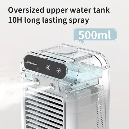 USB rechargeable mini air conditioning fan, supports USB/wireless charging. Features 3-speed wind, cooling, and humidification levels. Powered by a lithium battery, lightweight and compact, ideal for desktop cooling in both office and home settings. - Image 3